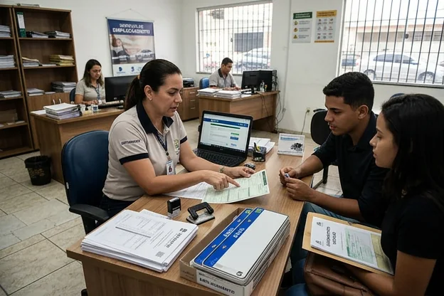 Despachante ajudando cliente no primeiro emplacamento de veículo.