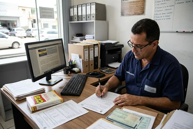Despachante escrevendo um recurso de multa para automóvel com documentos.